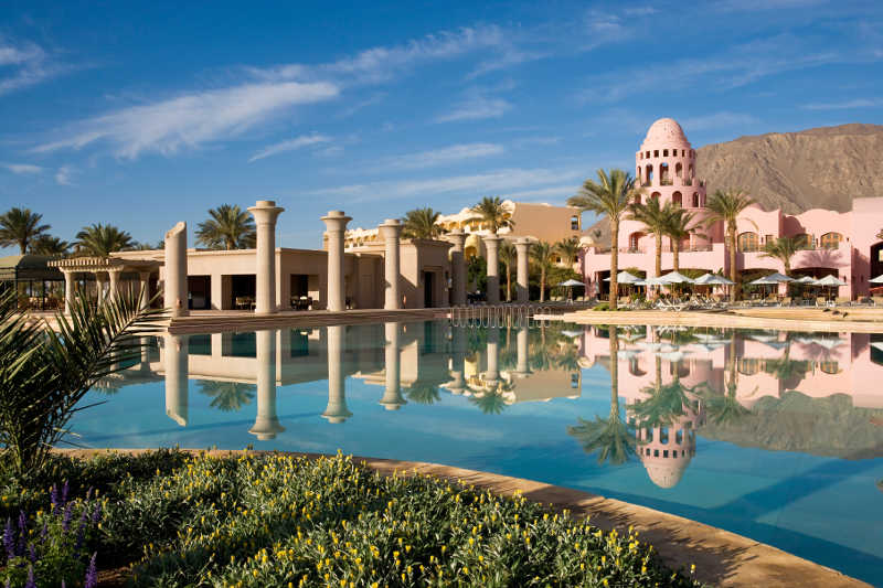 The lotus bar at Mosaique Beach Resort with a setup overlooks hote pools in Sinai Egypt