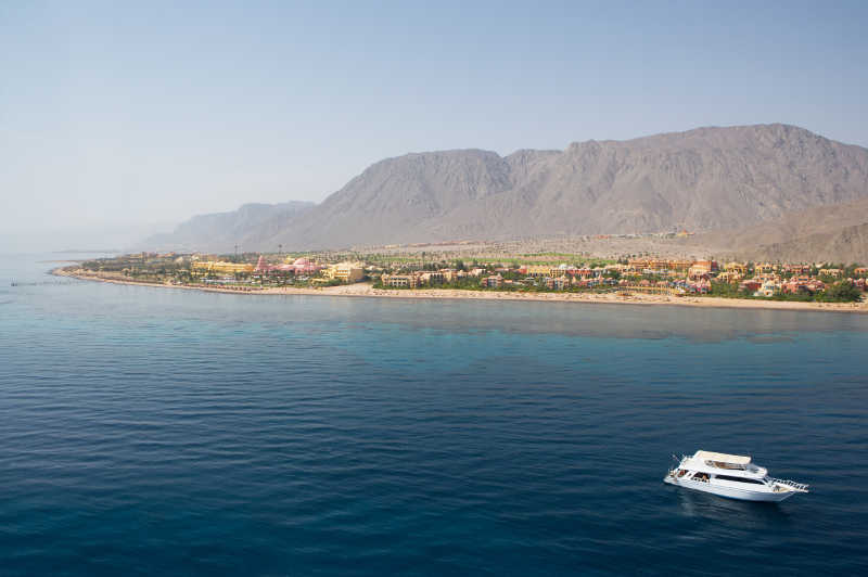 A view from the sea to Taba Heights coast over Sinai Bay
